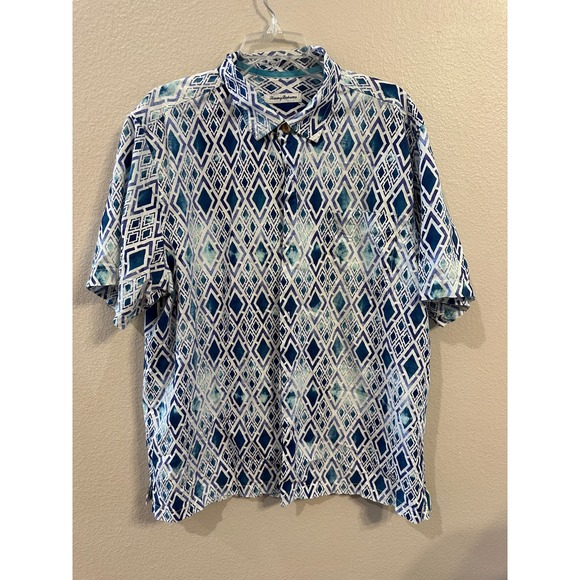 Tommy Bahama Diamond Print Camp Shirt Button Up Short Sleeve‎ Blue Size L - Picture 1 of 7